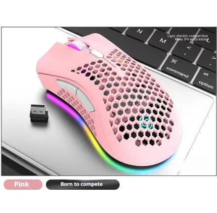 BM600 hollow-out wireless gaming mouse with luminous charging in cyan, black, or white colours.
