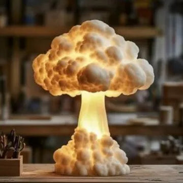 Modern art table lamp shaped like a mushroom cloud explosion, with USB cable for power.