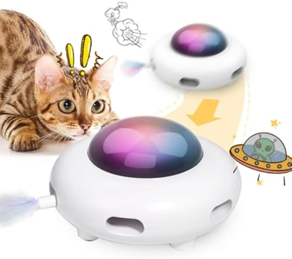 White automatic interactive cat toy with colourful feathers and LED lights on a floor.