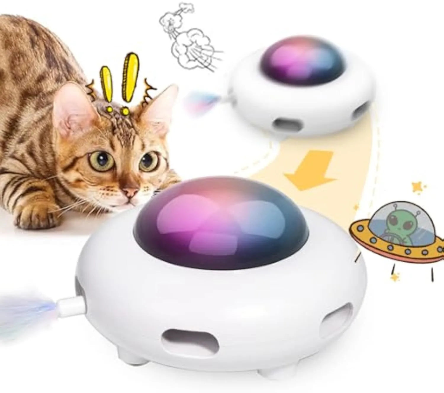 White automatic interactive cat toy with colourful feathers and LED lights on a floor.
