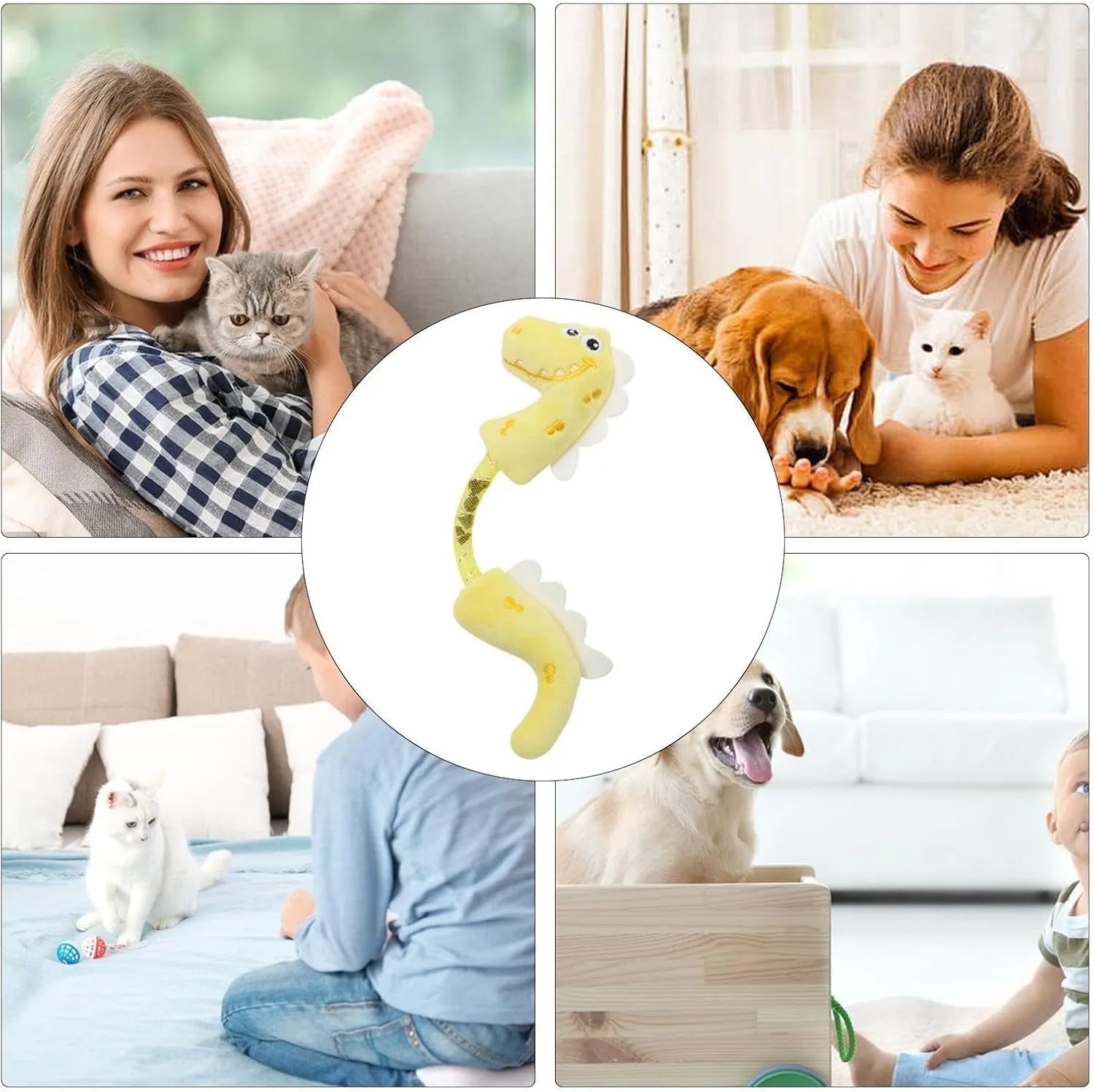 Four-piece cat toy bundle with plush fish, bunny, mouse, rope and spring toys for indoor cats