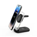 Transparent folding three-in-one magnetic wireless charger in black on a white background.