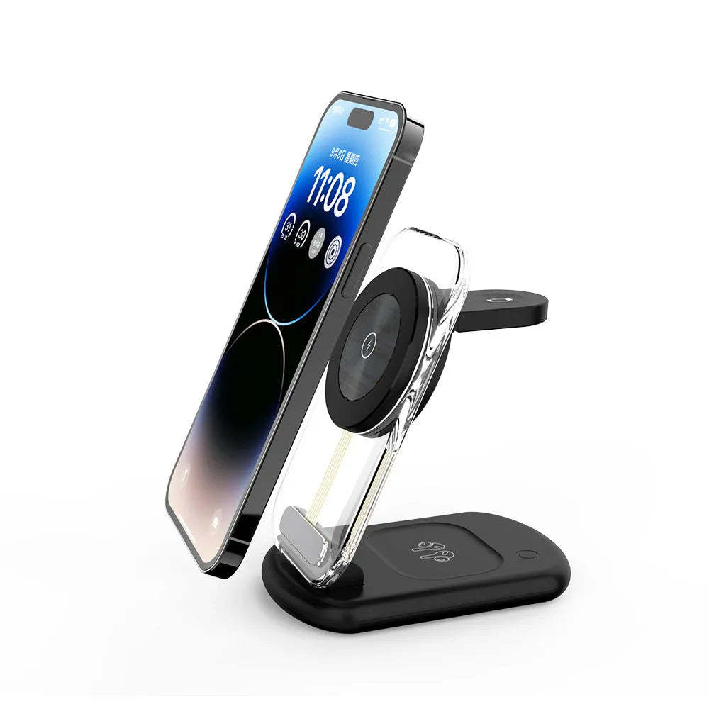 Transparent folding three-in-one magnetic wireless charger in black on a white background.