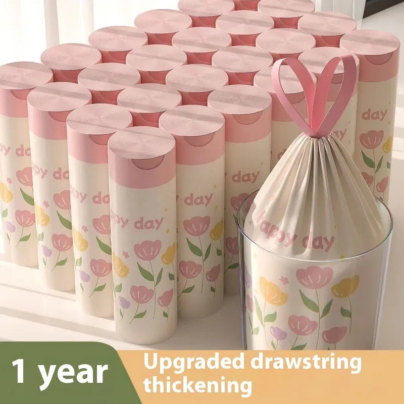 Pink degradable drawstring garbage bags with argy wormwood mosquito repellent.