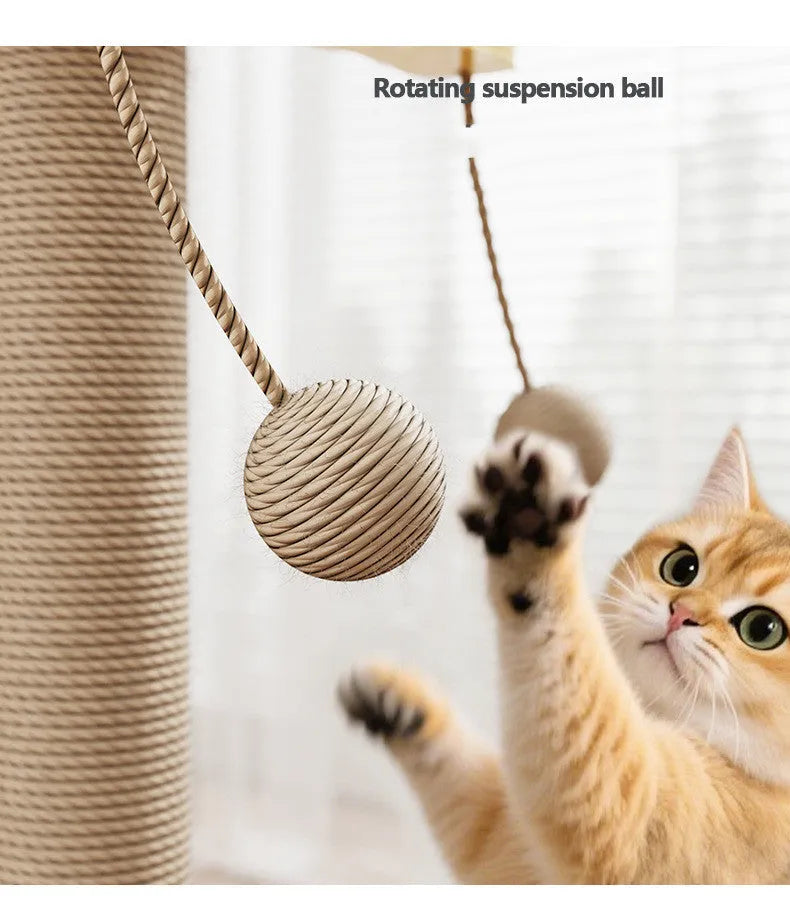 A simple, scratch-resistant cat climbing frame toy with a chip hanging ball, made from pine wood and carpet leather.