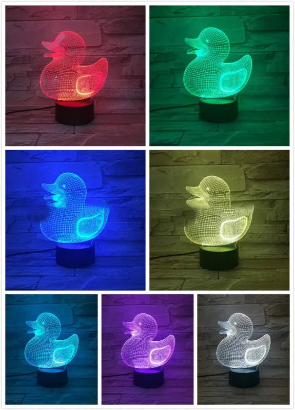 Little yellow duck 3D acrylic night light with remote control on an ABS base, showing multiple colour options.