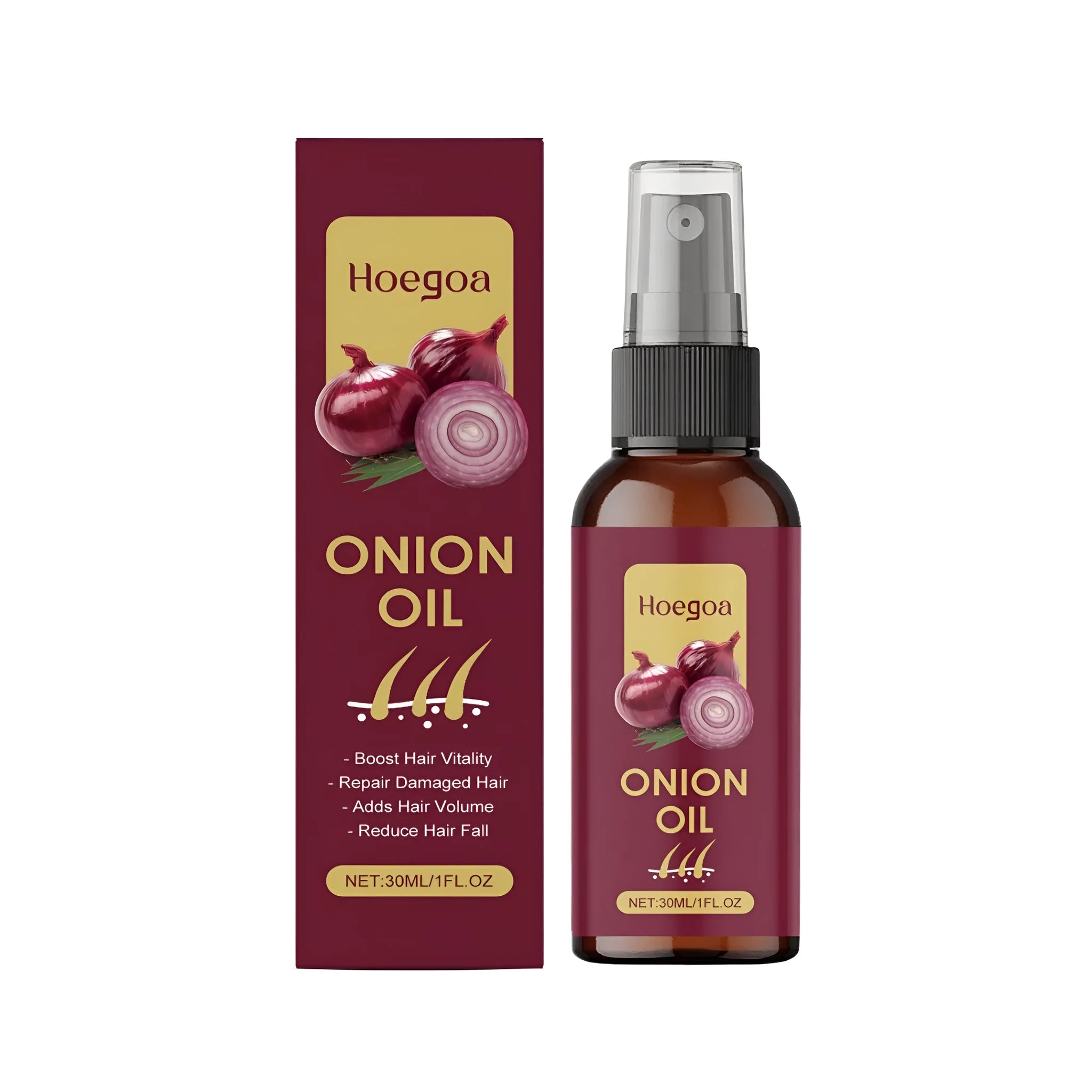 30ml bottle of hair tonic oil with onion, ginger, and rosemary oils.