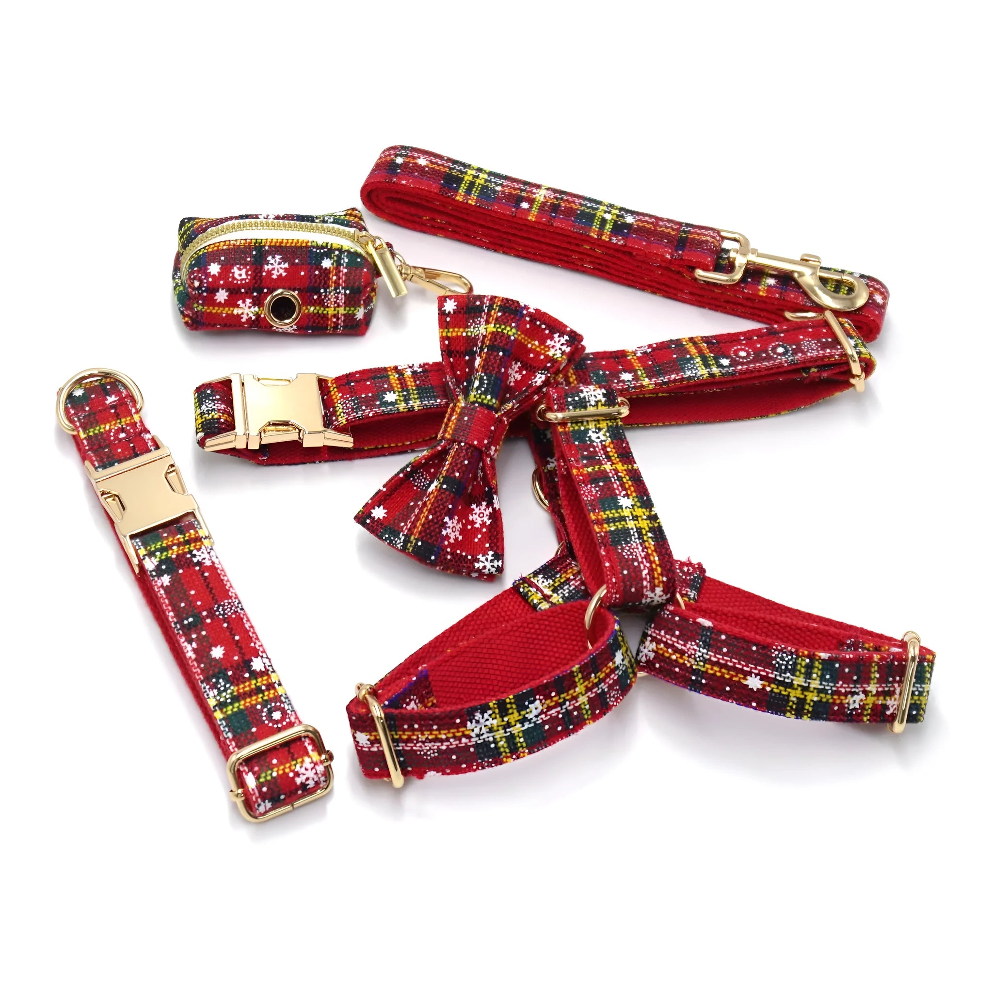 Red Christmas pet accessory set with collar, leash, bow, harness, and waste bag with laser cut decoration