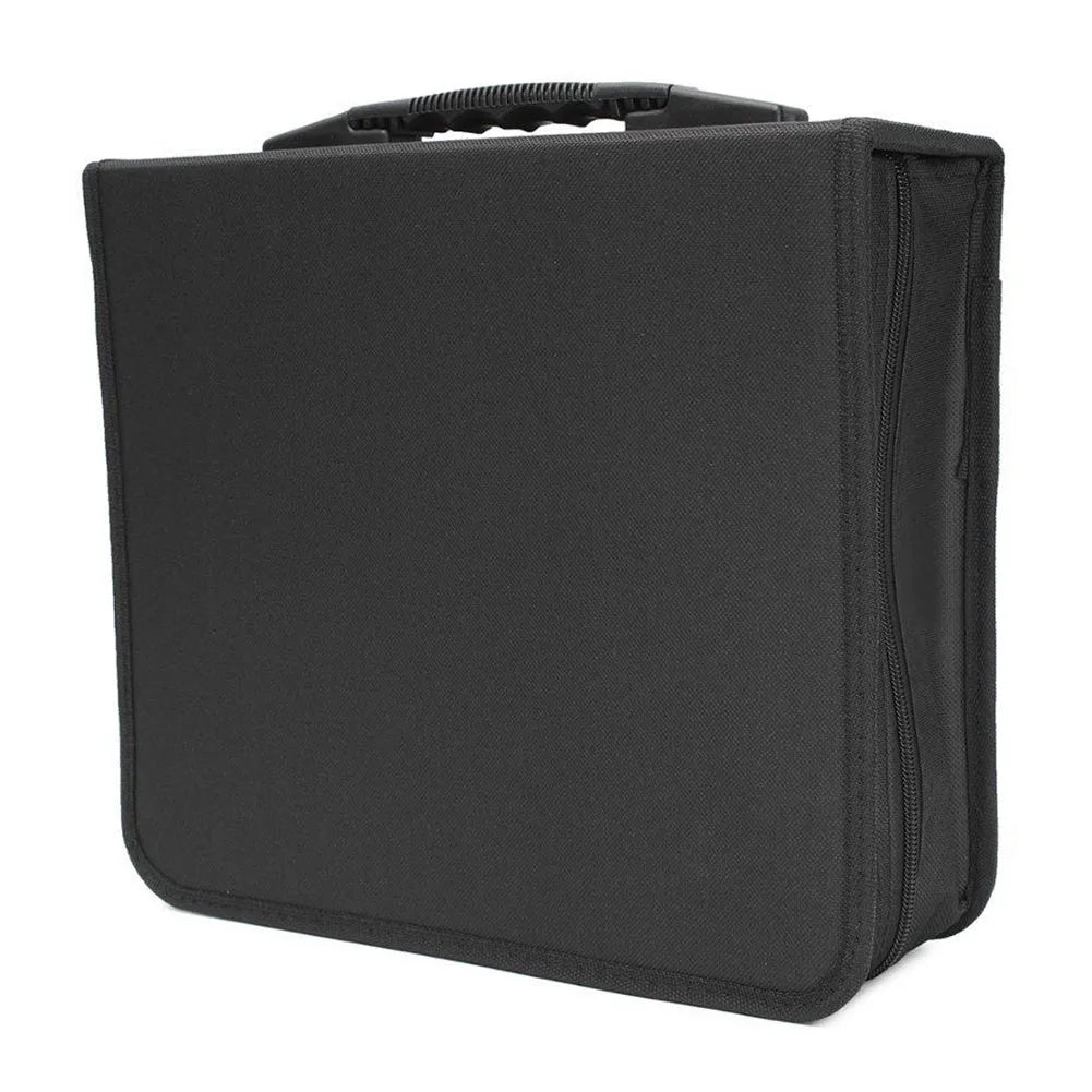 Black Oxford cloth CD DVD storage binder with zipper closure and top carrying strap