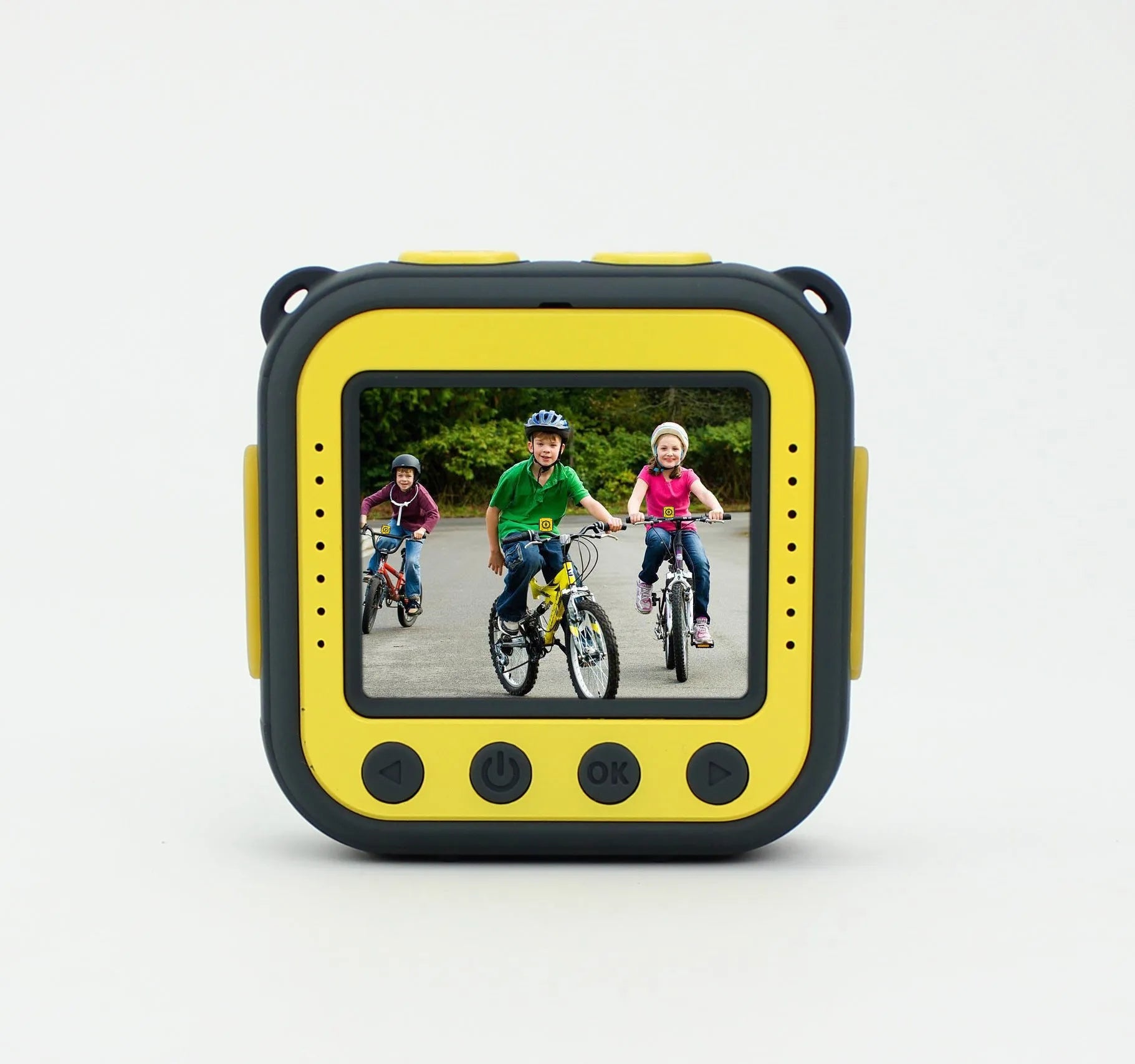 Yellow children's waterproof sports camera showing front with lens and 1.77-inch LCD screen