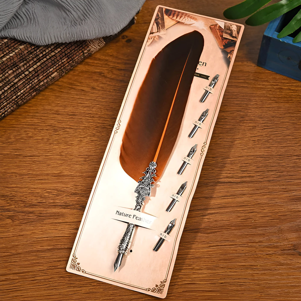 Retro zinc alloy feather dip pen in choice of ten colours on a desk.