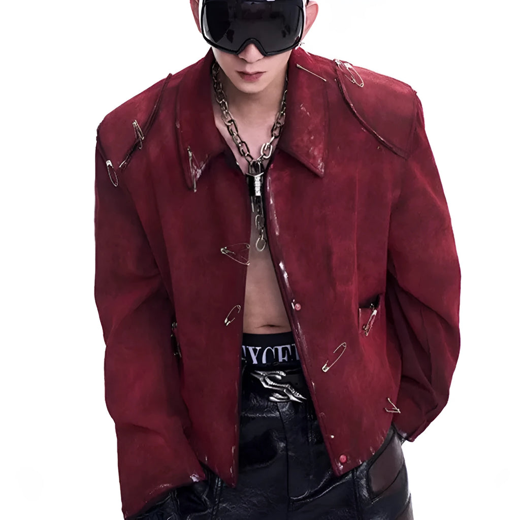 Men's red loose-fit quilted jacket with black flocking decorative pin detailing and lapel collar
