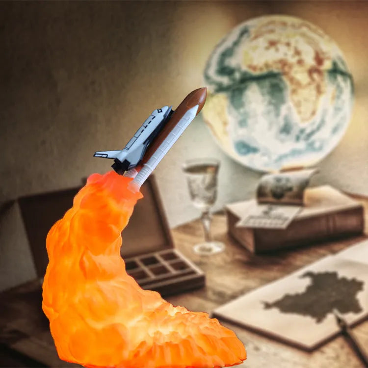 3D print rocket space shuttle lamp night light, 11 inch, PLA material, USB rechargeable, on display in a bedroom