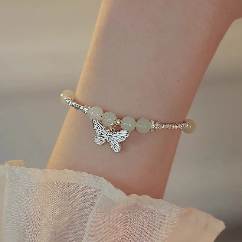 Hetian jade and silver butterfly bracelet and necklace set for women on electroplated copper