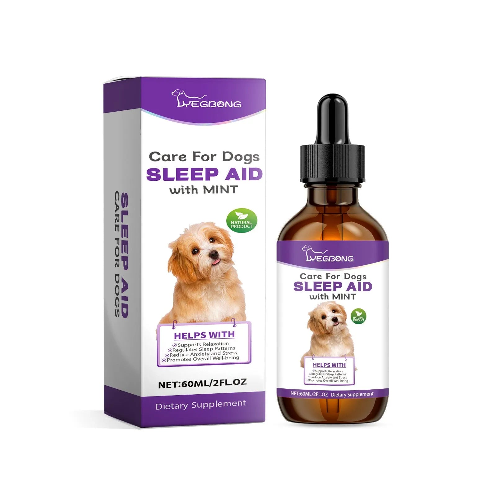 60ml dog sleep drops bottle measuring 3.3cm by 12cm with mint extract nursing supplement