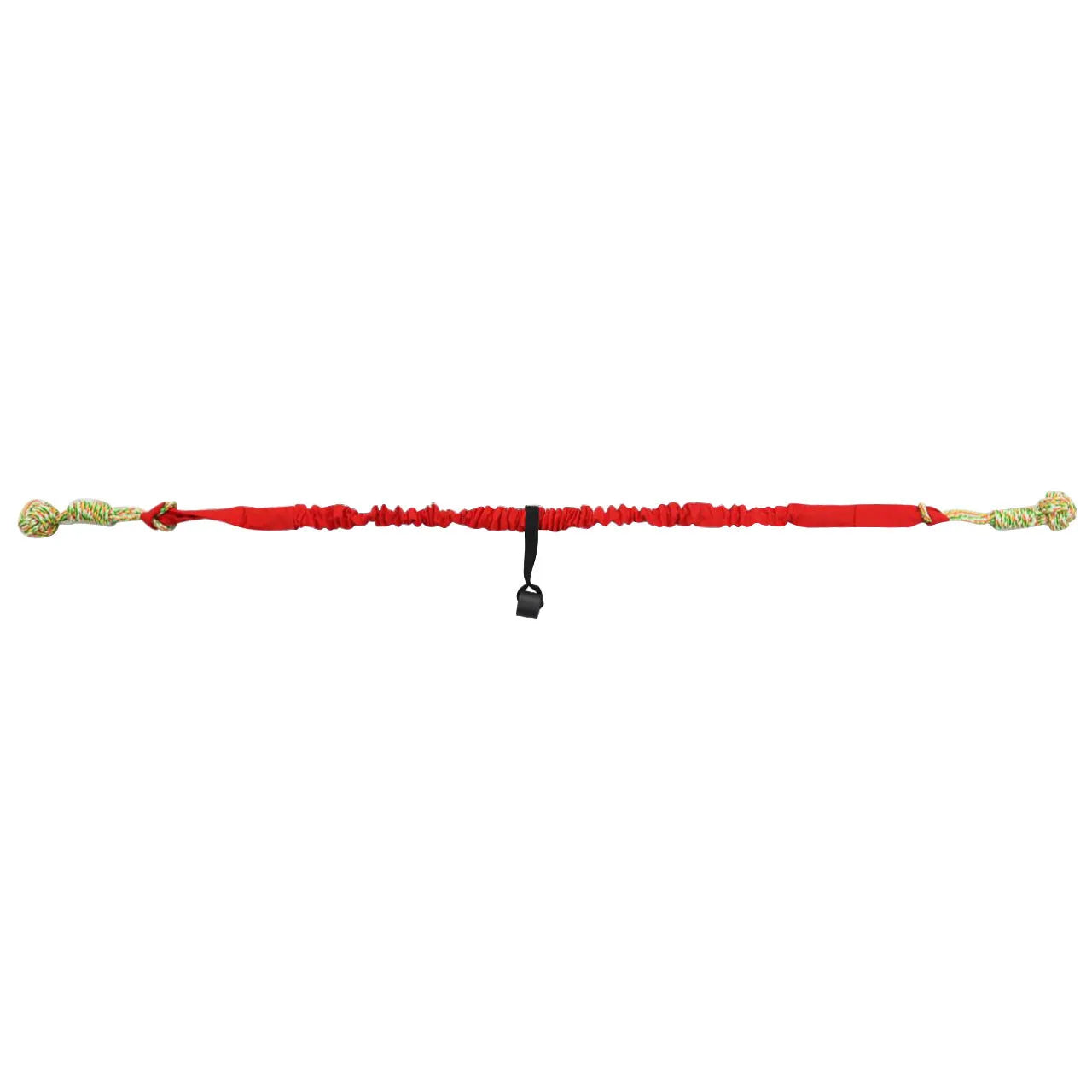 Cotton dog tug-of-war rope toy in red, shown being pulled by a dog and owner.