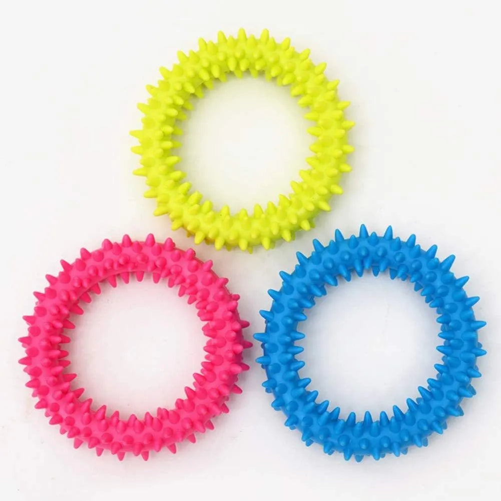 TPR spiky circle dog chew toy with dental cleaning nubs in multiple colour options
