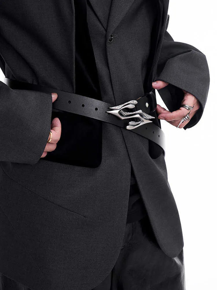 Black men's leather belt with a metal letter buckle showing 110cm length