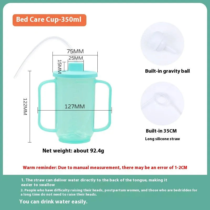 White PP plastic oblique mouth drinking cup with handle and lid for adult bedside use.