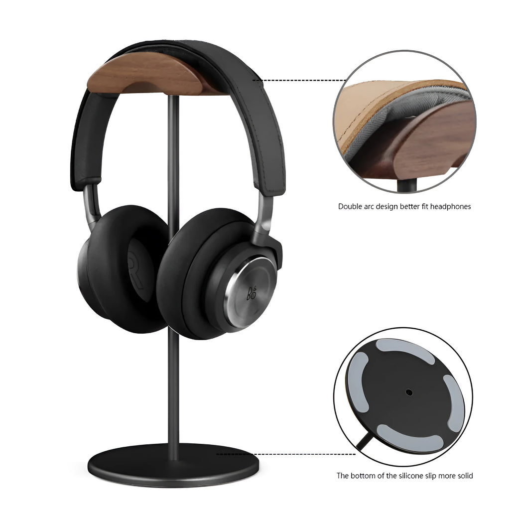 Aviation aluminium earphone holder in grey with anodized finish on a desk