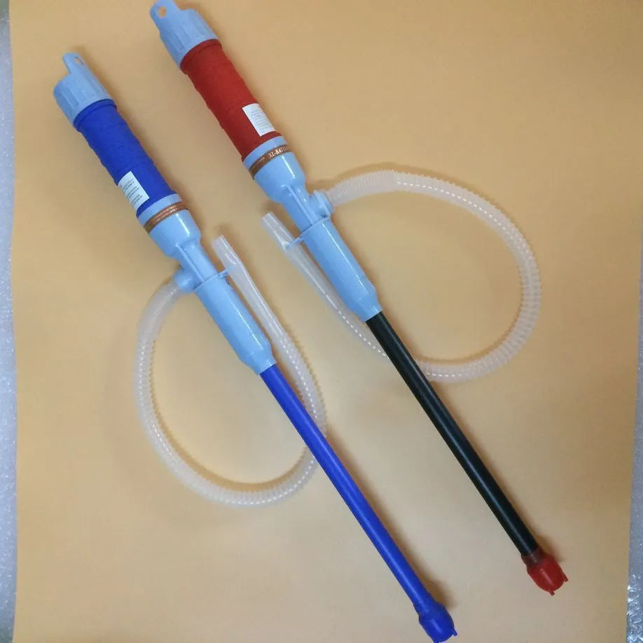 Blue manual hand siphon pump for transferring fuel and liquids.