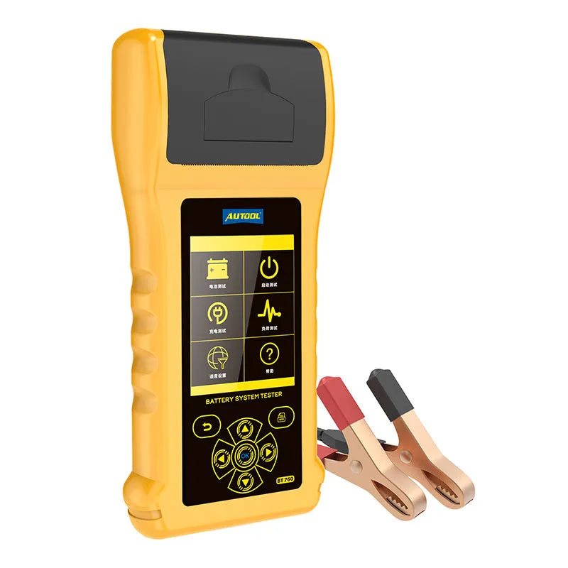 Autool BT760 colour screen vehicle battery tester with test clips and printed diagnostic receipt.