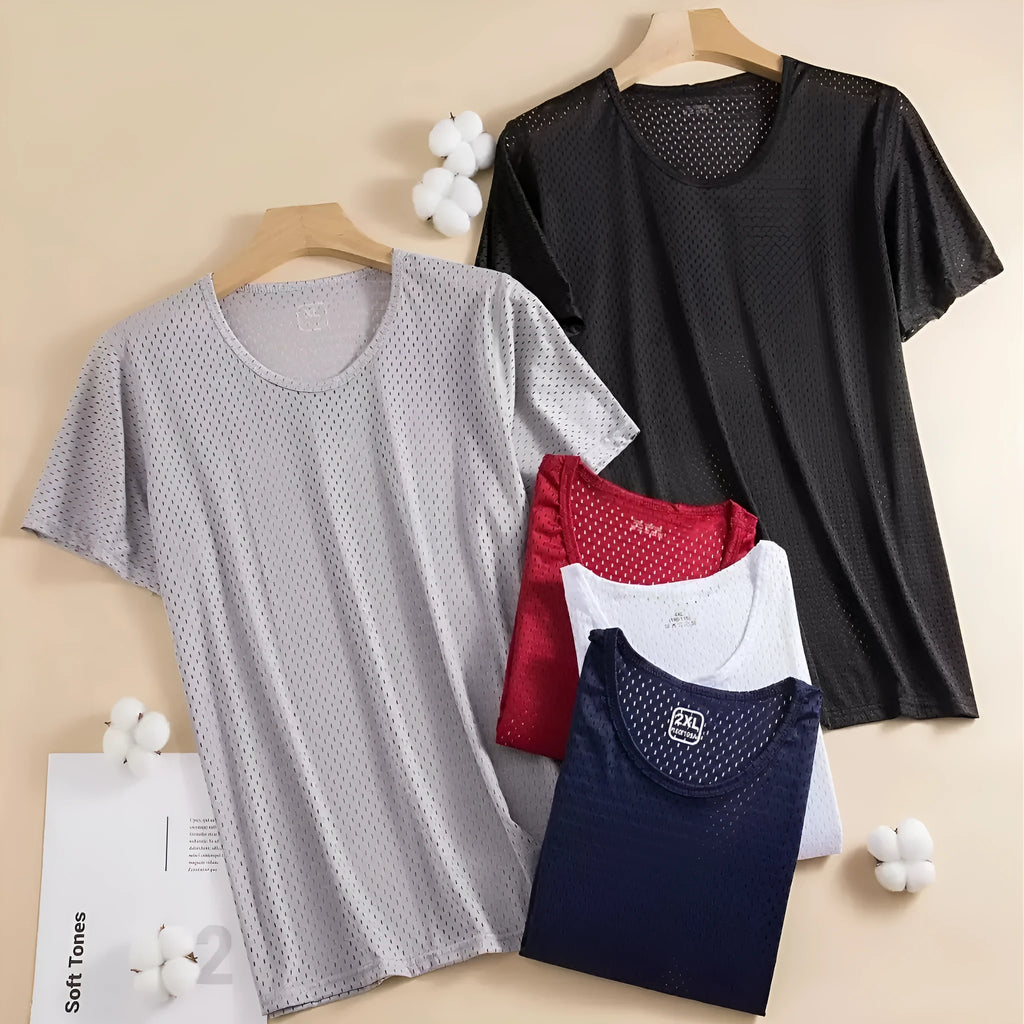Ice silk men's short sleeve t-shirt in a solid colour, showing crew neck and loose fit.