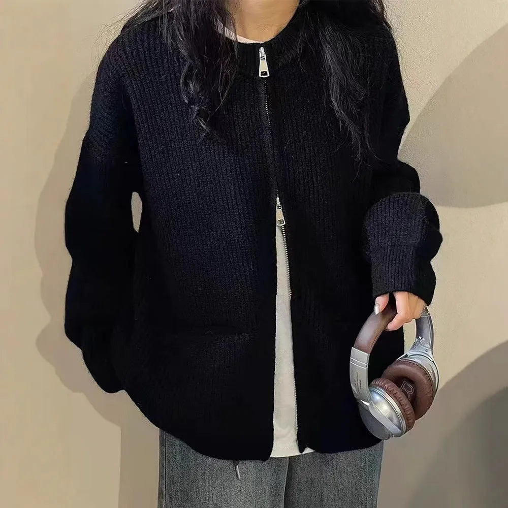 Beige viscose fibre soft sweater coat with long sleeves and open cardigan front.