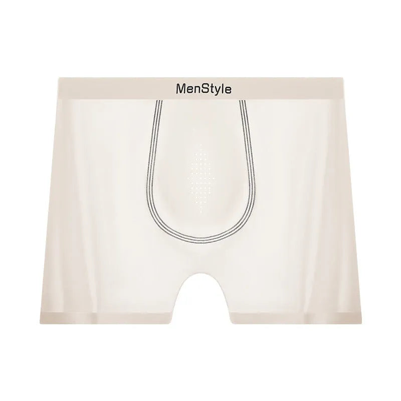 Men's seamless satin ice silk nylon boxer shorts in mid-waist style, shown in flesh colour
