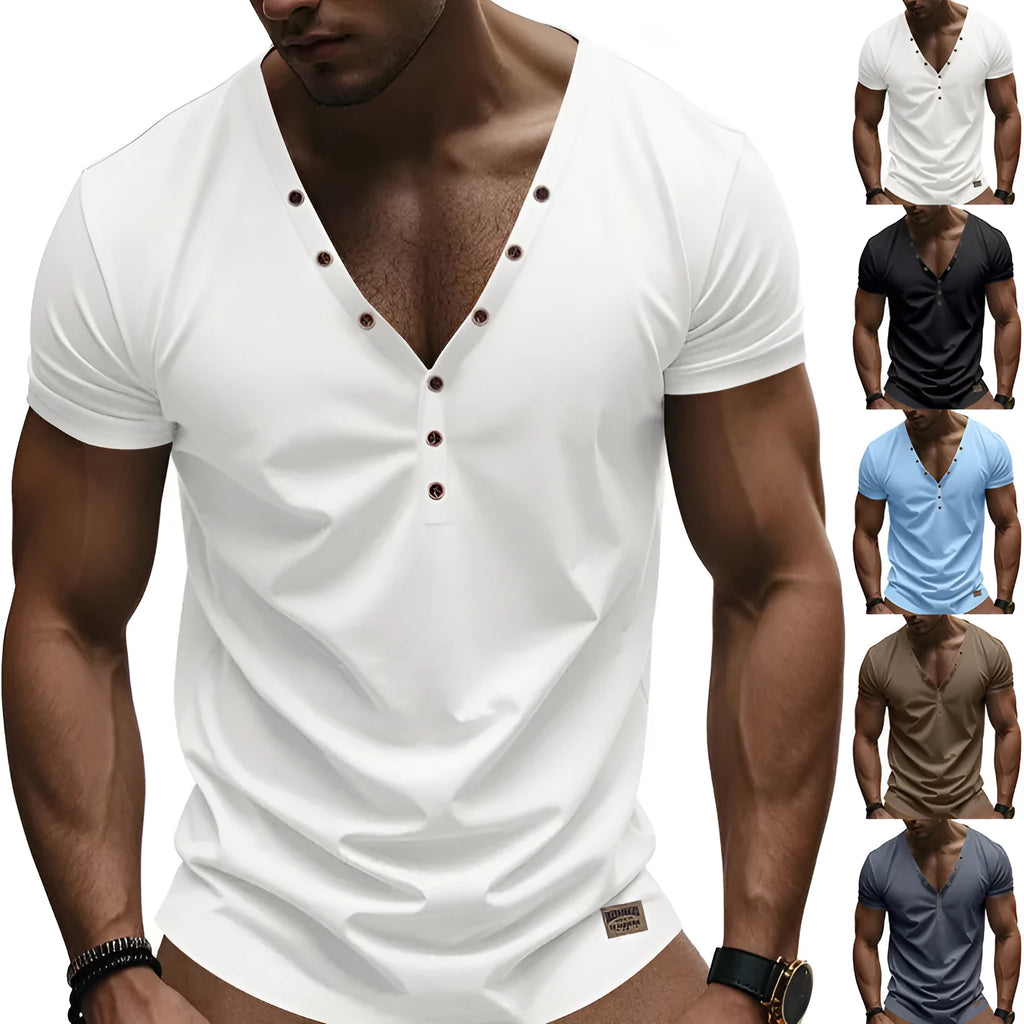 Men's loose fit V-neck pullover top with button details in polyester blend fabric for sports wear