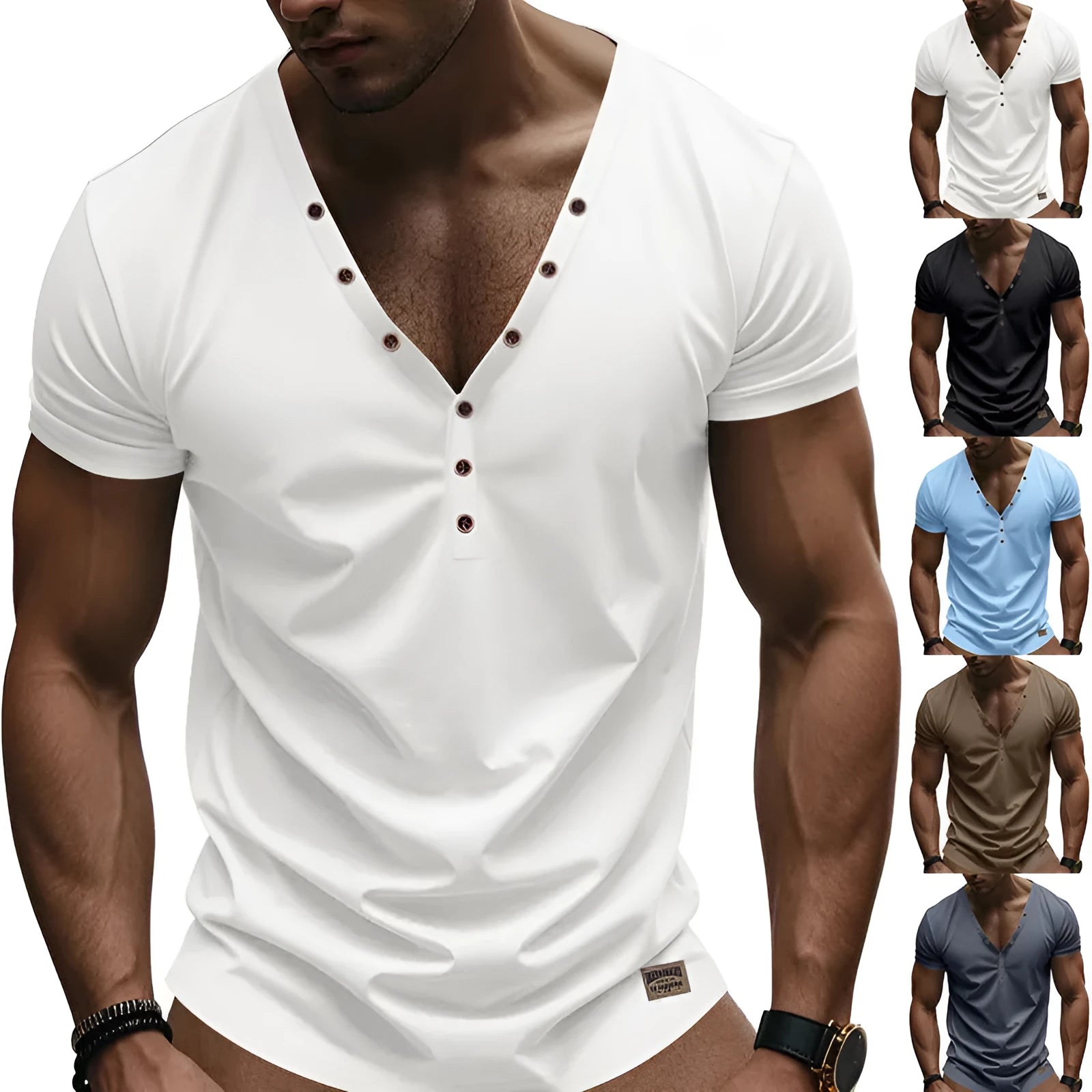 Men's loose fit V-neck pullover top with button details in polyester blend fabric for sports wear