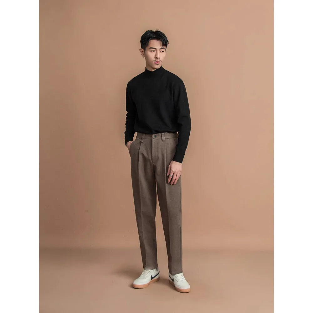 Men's straight-leg suit trousers in polyester for business casual wear, shown in khaki colour.