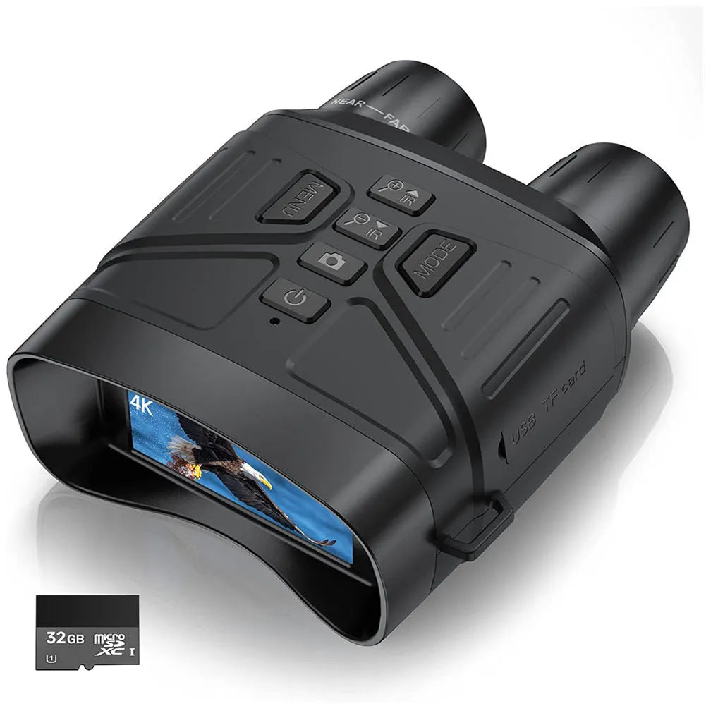 Black handheld 4K night vision monocular with LCD screen showing a clear night-time image.