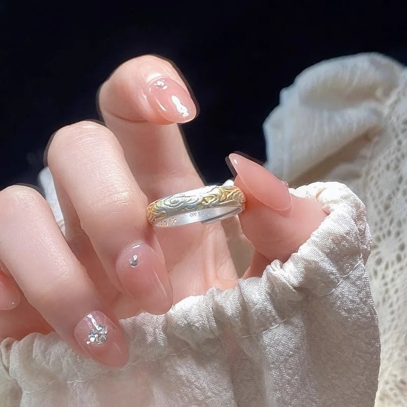 White copper adjustable open ring with xiangyun cloud patterns and electroplated silver gold finish