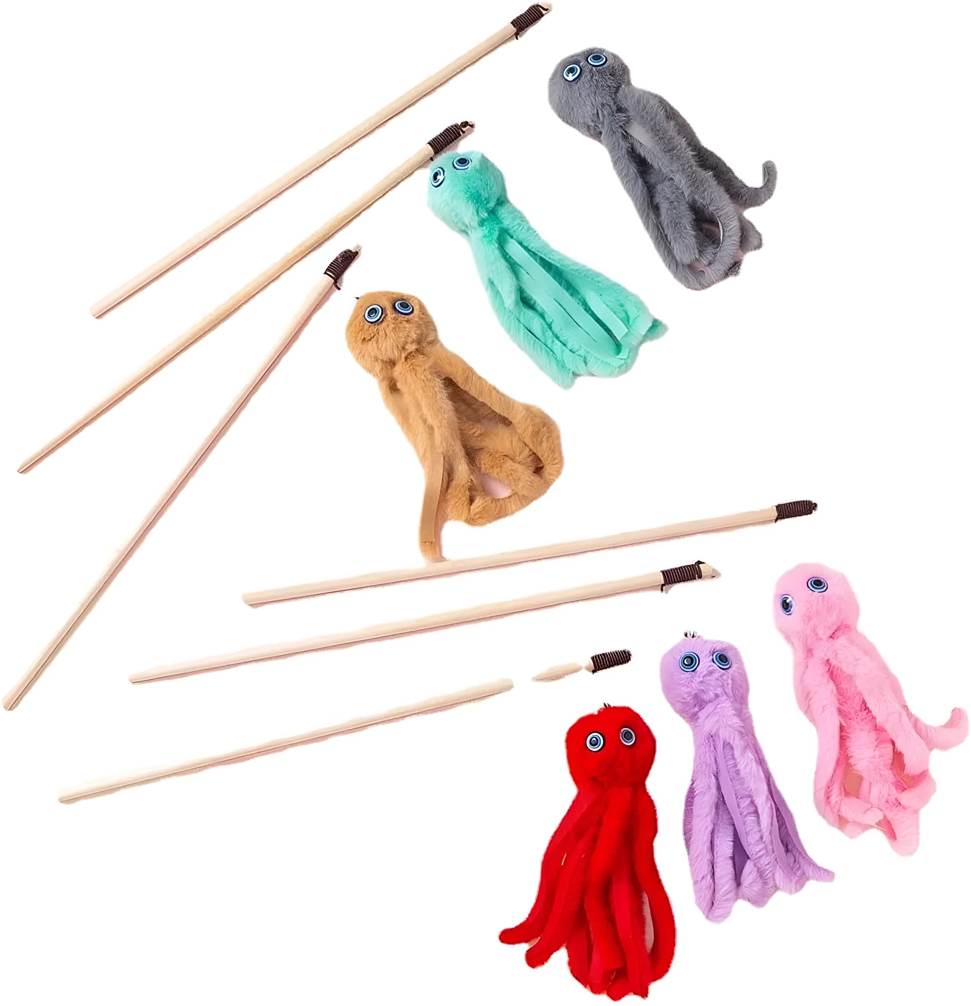 Furry octopus cat toy on long stick wand in pink colour option