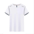 Round neck quick-dry sports t-shirt in ice silk fabric on a size chart showing colours black, white, gray, blue, green, orange, and red.