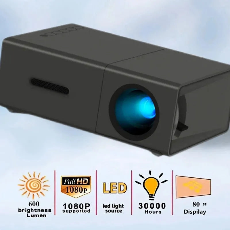 M100 mini home projector in white and black colours showing 100-inch projection size