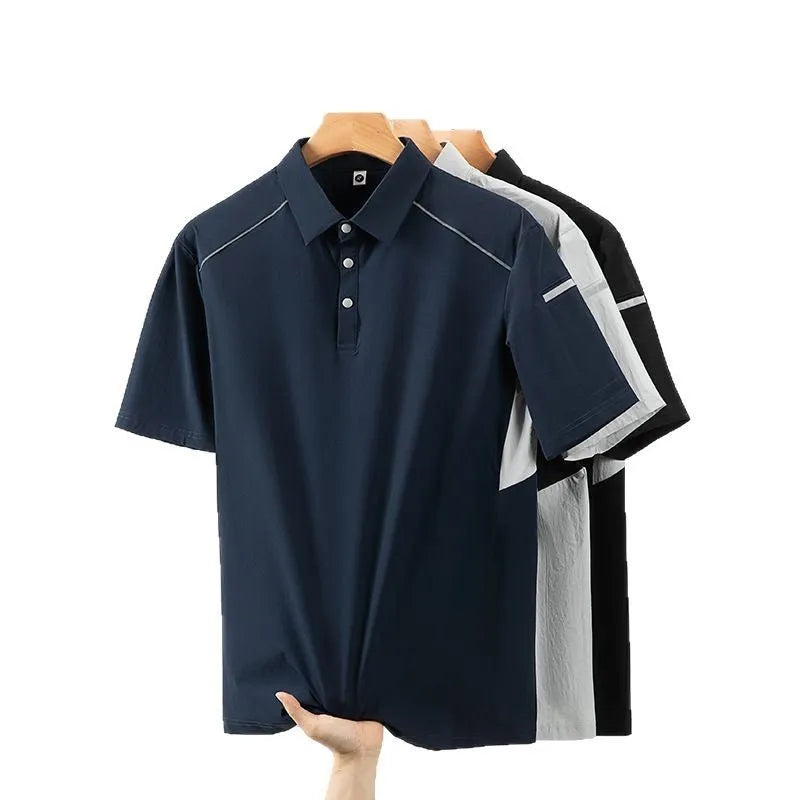 Men's classic black quick-dry polo shirt with short sleeves on a hanger