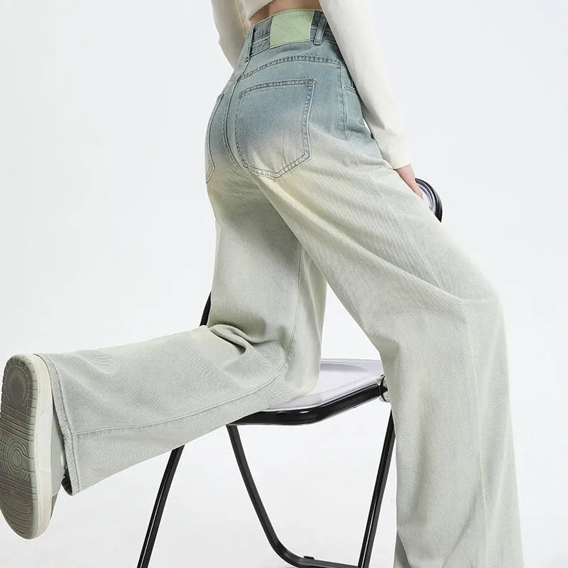 Women's gradient blue cotton denim straight-leg wide-leg trousers laid flat