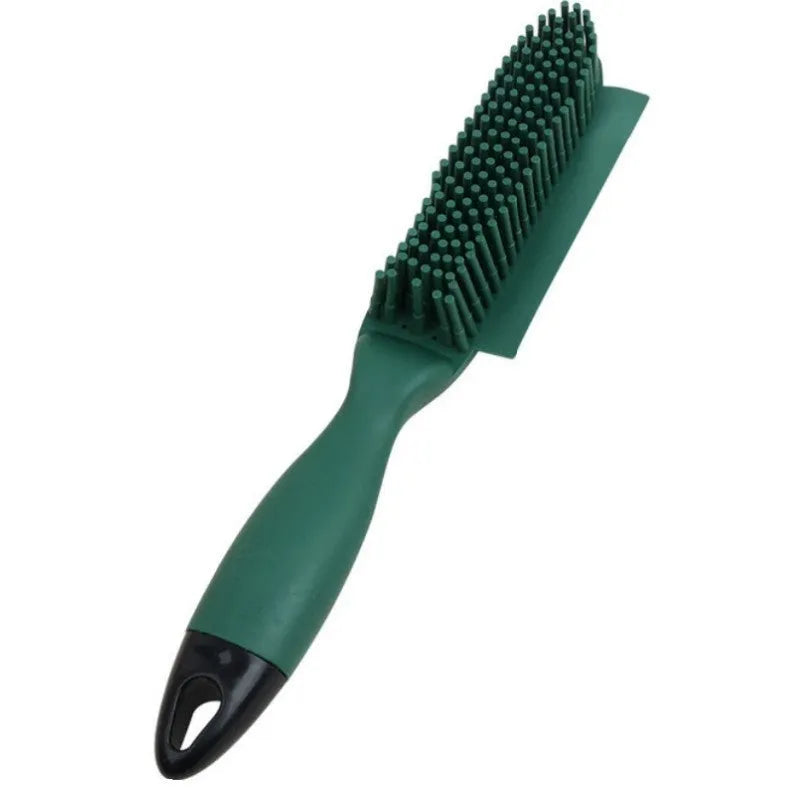 Green silicone pet brush with removable hair collector for grooming dogs, cats, and removing hair from clothes.