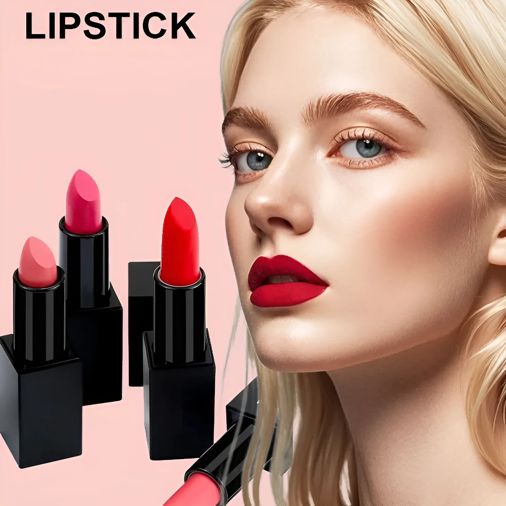 Matte finish lipstick bullet in a case, showcasing its velvety texture, with colour options 01 to 24.