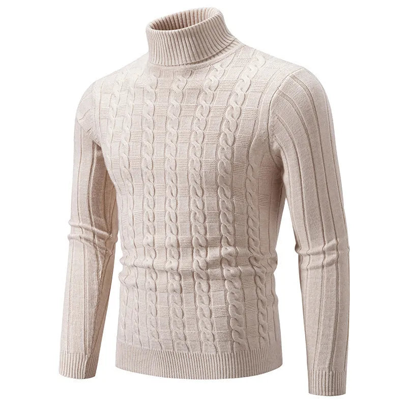 Men's slim-fit chenille turtleneck pullover in milky white, showing the twist design and spandex blend fabric.