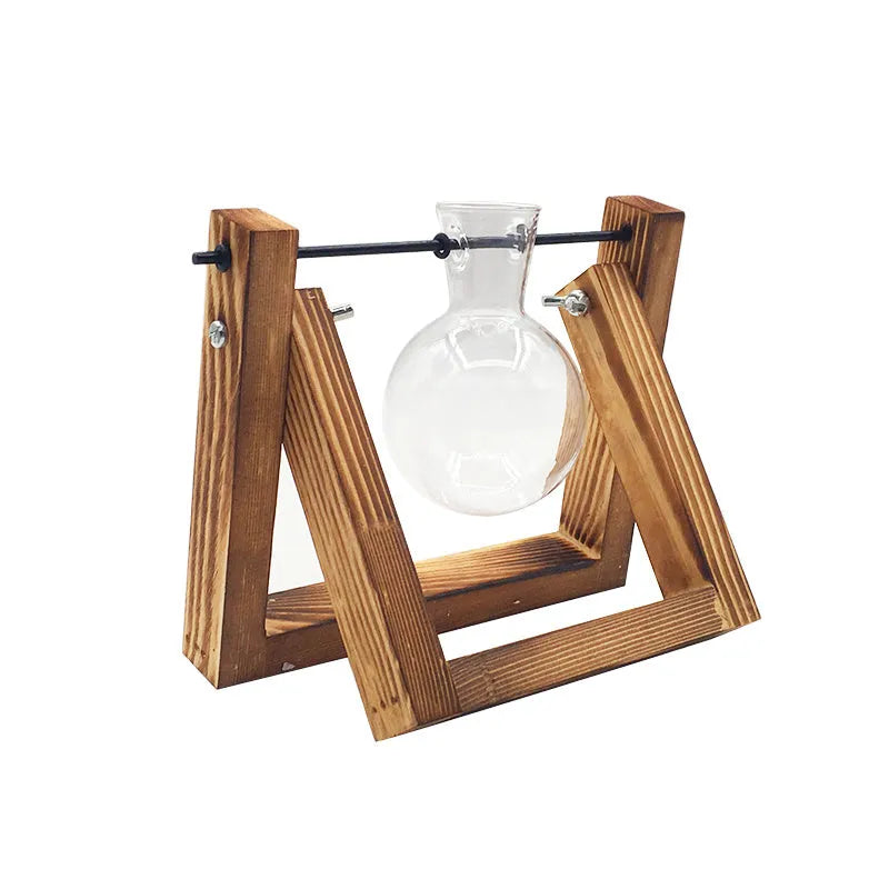 Wooden swing stand hydroponic container with borosilicate glass vase displaying plants