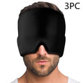 Black elastic gel eye mask for headache relief with adjustable headband on grey background