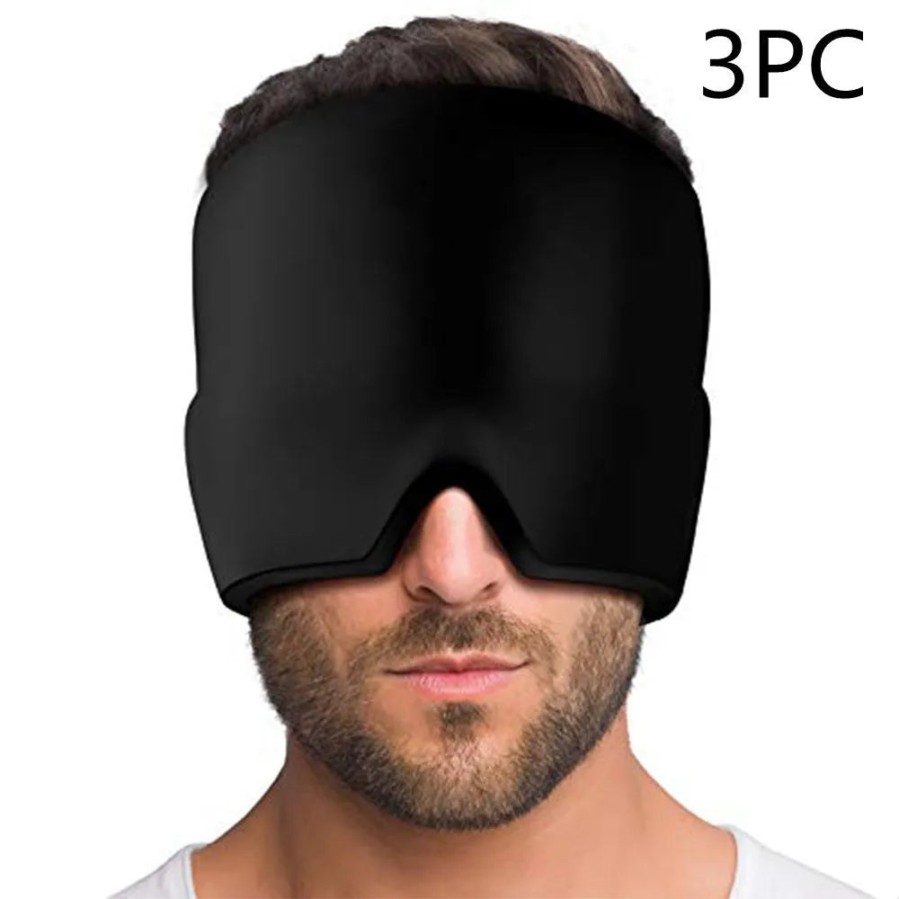 Black elastic gel eye mask for headache relief with adjustable headband on grey background