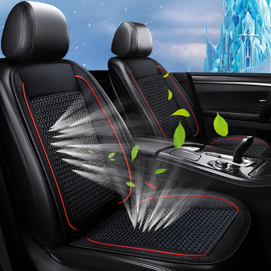 Black car ventilation seat cushion showing minimalist design and power cord