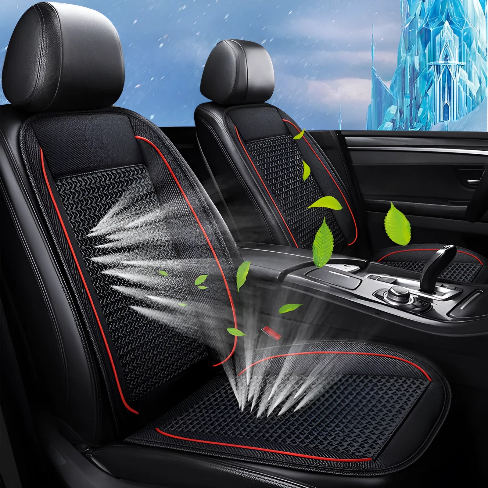 Black car ventilation seat cushion showing minimalist design and power cord