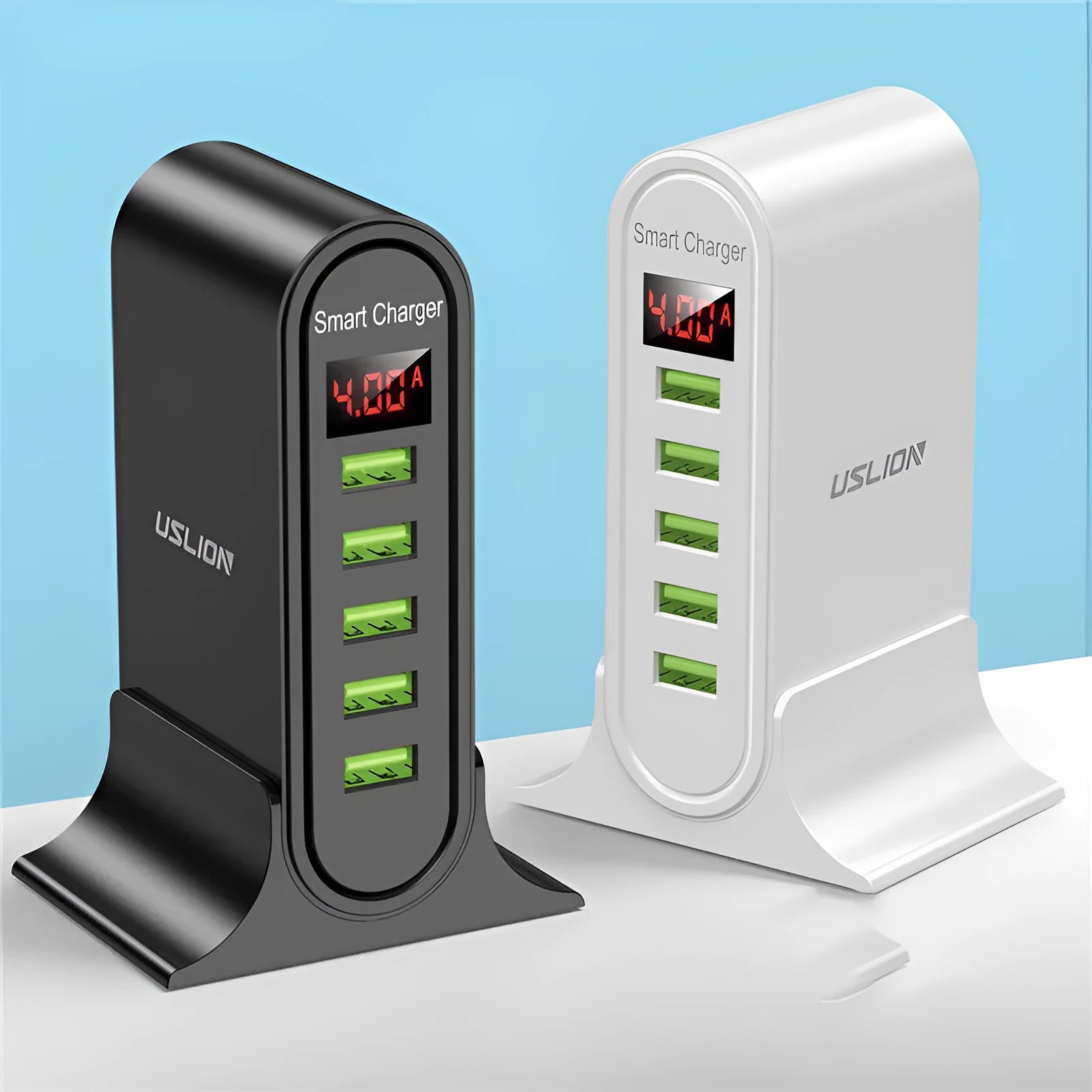 Black and white smart LED digital display USB chargers with EU, UK, and US plug styles