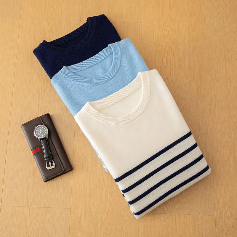 Men's wool round neck long sleeve sweater in light blue, front view, for casual leisure wear