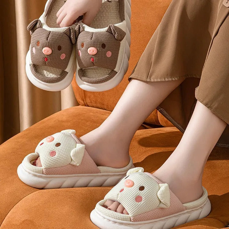 Open-toe linen couple slippers in four colours with PVC soles and sewn construction